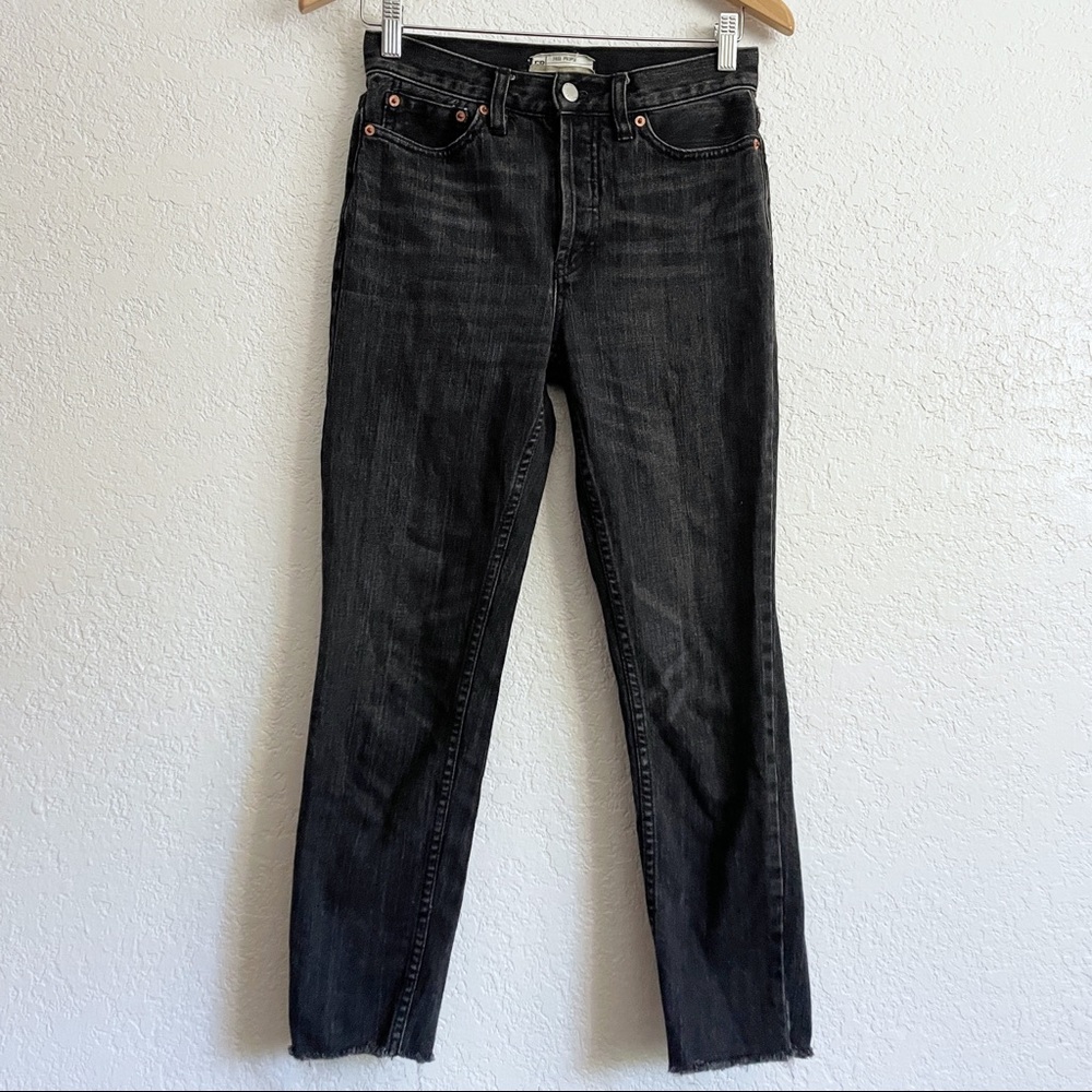 Free People Black Button Front Raw Hem Straight Leg High Rise Waist Jeans 26